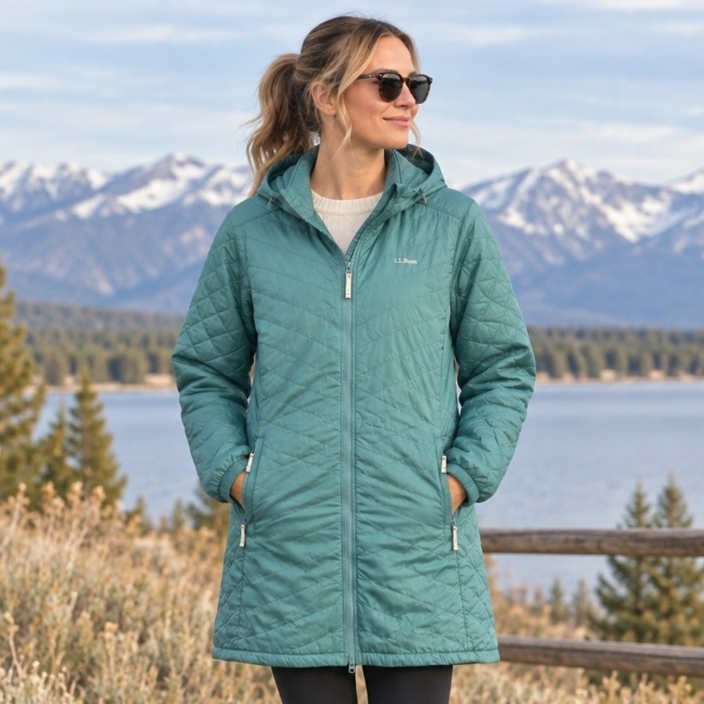 LL Bean Women's Fleece Lined Primaloft Coat XL Teal Blue Quilted Hooded Jacket